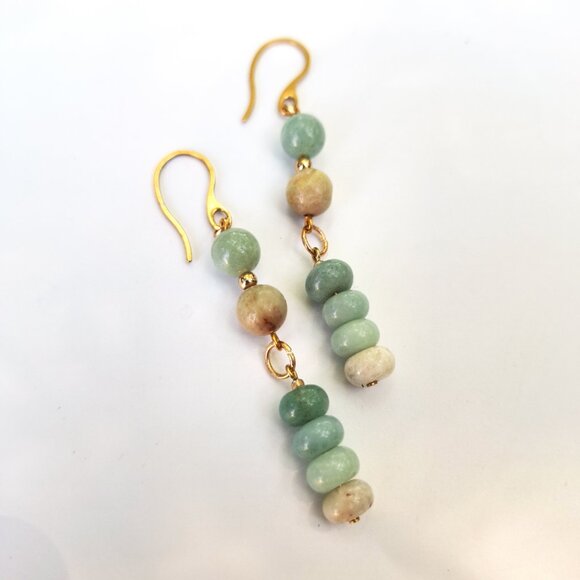 Amazonite Stone Gold French Hook Dangle Earrings Boho Chic Coastal Summer Gifts - Picture 4 of 10